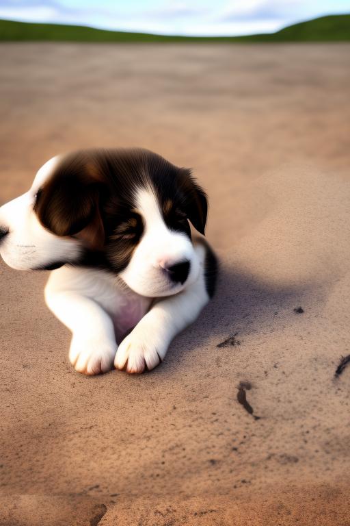 puppy sleeping loneliness in a big barren ground touching lava
